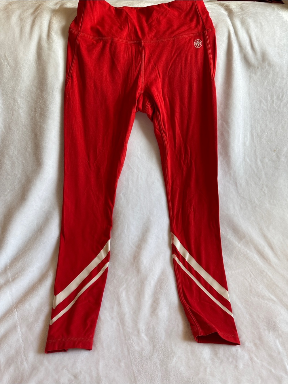 Tory Burch Red Athletic Leggings with Contrast Stripes